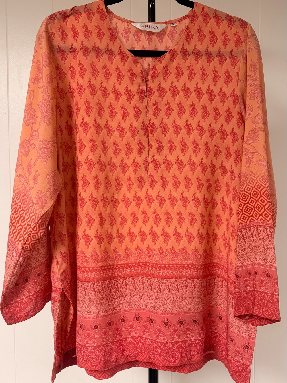 Biba Orange and Coral Printed Casual Button-Down Shirt